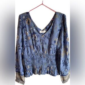 CREAM 100% Viscose Blue Smocked Peplum Blouse